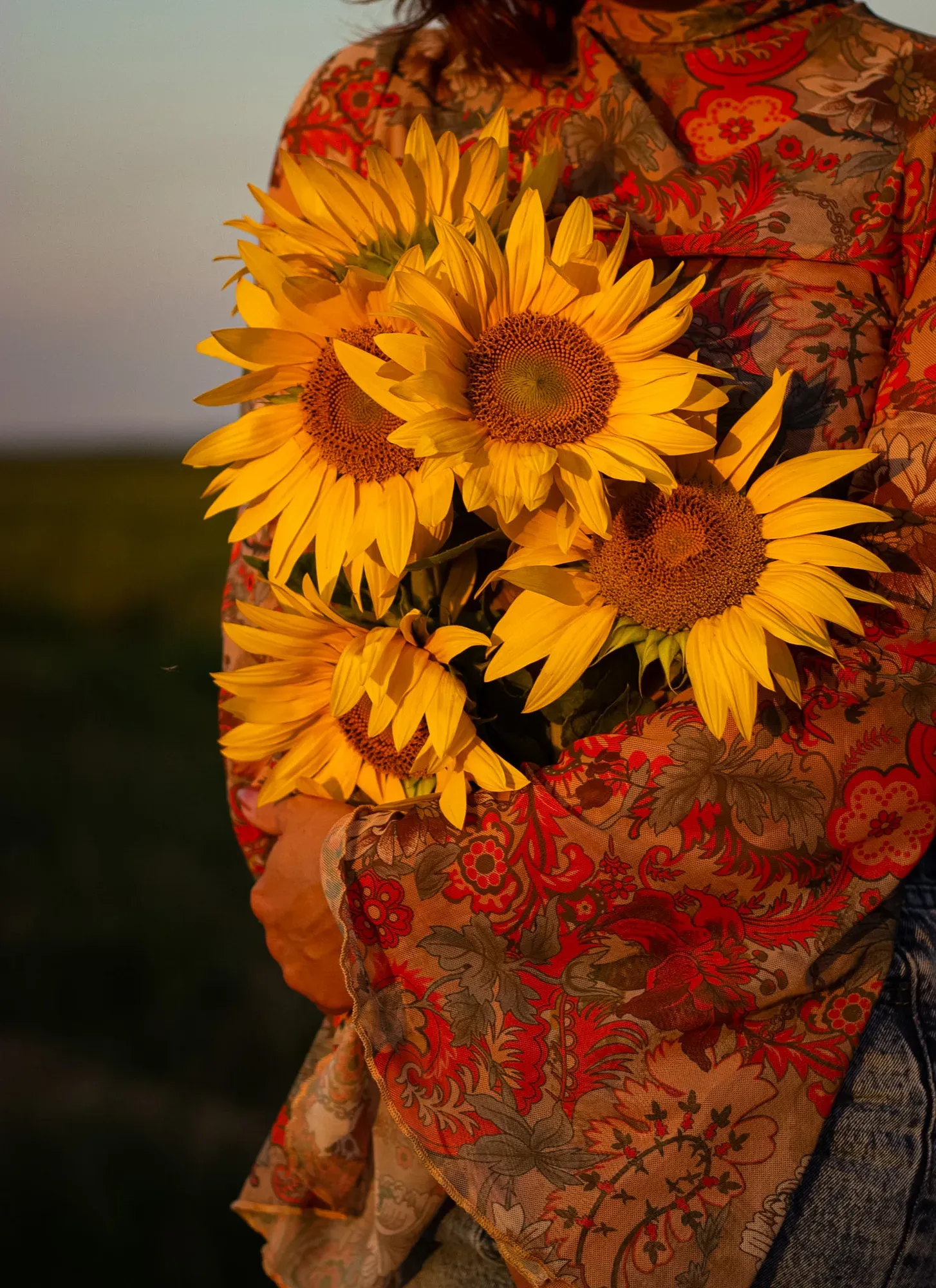 Strauß aus Sonnenblumen, gehalten vor einem rot gemusterten Tuch